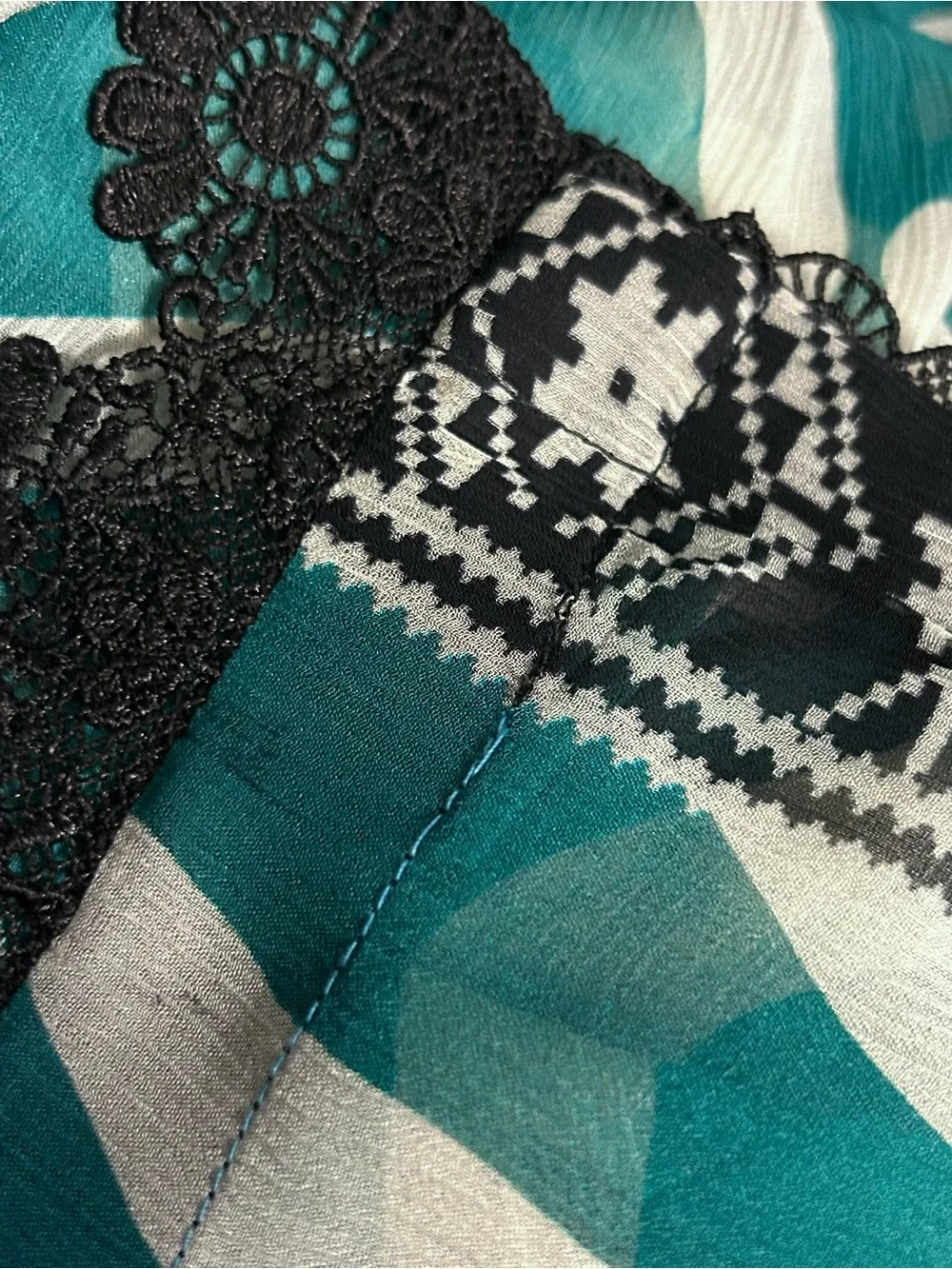 STUNNJNG Extra Long Scarf TEAL & BLACK LACE Sheer Abstract Blue Silk? Boho